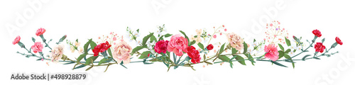 Panoramic view: bouquet of carnation and jasmine twigs. Horizontal border: red, pink flowers, buds, leaves on white background. Realistic digital illustration in watercolor style, vintage, vector