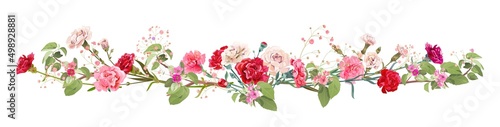 Panoramic view: bouquet of carnation and spring blossom. Horizontal border: red, pink flowers, buds, leaves on white background. Realistic digital illustration in watercolor style, vintage, vector