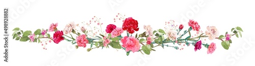 Panoramic view: bouquet of carnation and spring blossom. Horizontal border: red, pink flowers, buds, leaves on white background. Realistic digital illustration in watercolor style, vintage, vector