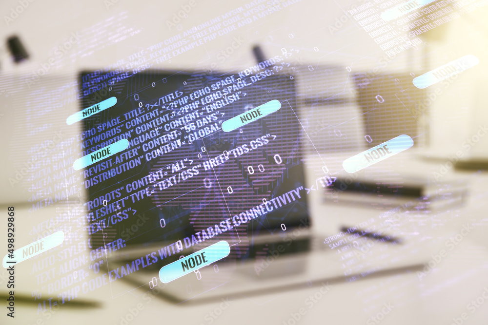 Double exposure of abstract programming language with world map on laptop background, research and development concept Double exposure of abstract programming language with world map on laptop background, research and development concept