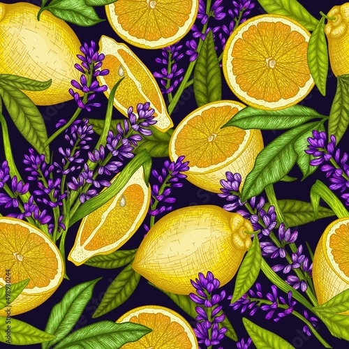 Seamless vector pattern graphic linear colored lemons, lavender flowers and leaves on a dark background in engraving style