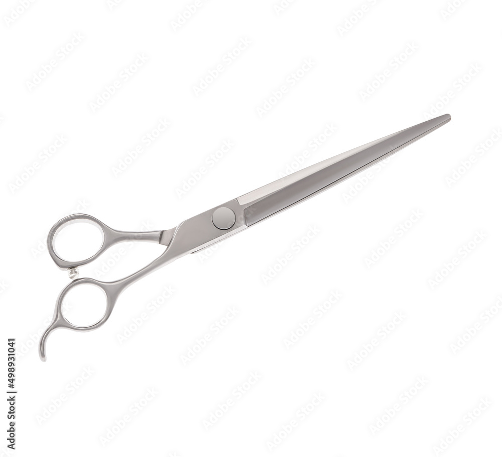 Fototapeta premium Scissors for cutting people and pets. Grooming scissors. Closed scissors on a white isolated background. Side view.