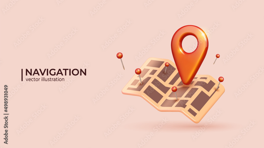 Fototapeta premium Red Locator mark on map and location pin or GPS navigation icon sign. 3D Realistic creative conceptual symbol of search concept in cute cartoon style. Vector illustration
