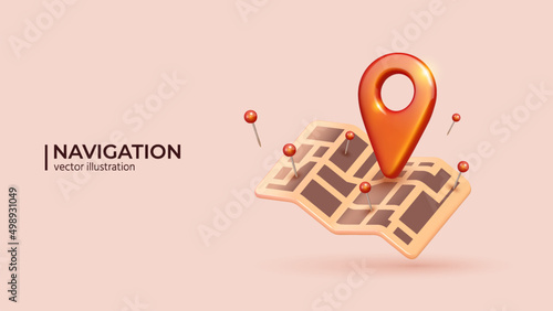 Red Locator mark on map and location pin or GPS navigation icon sign. 3D Realistic creative conceptual symbol of search concept in cute cartoon style. Vector illustration