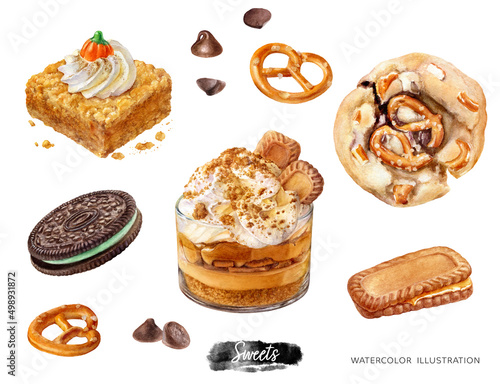 Sweet desserts watercolor isolated on white background. Cookies, pretzel, chocolate drops, caramel biscuits cookie, mousse dessert whipped cream, pumpkin pie, sandwich chocolate cookie