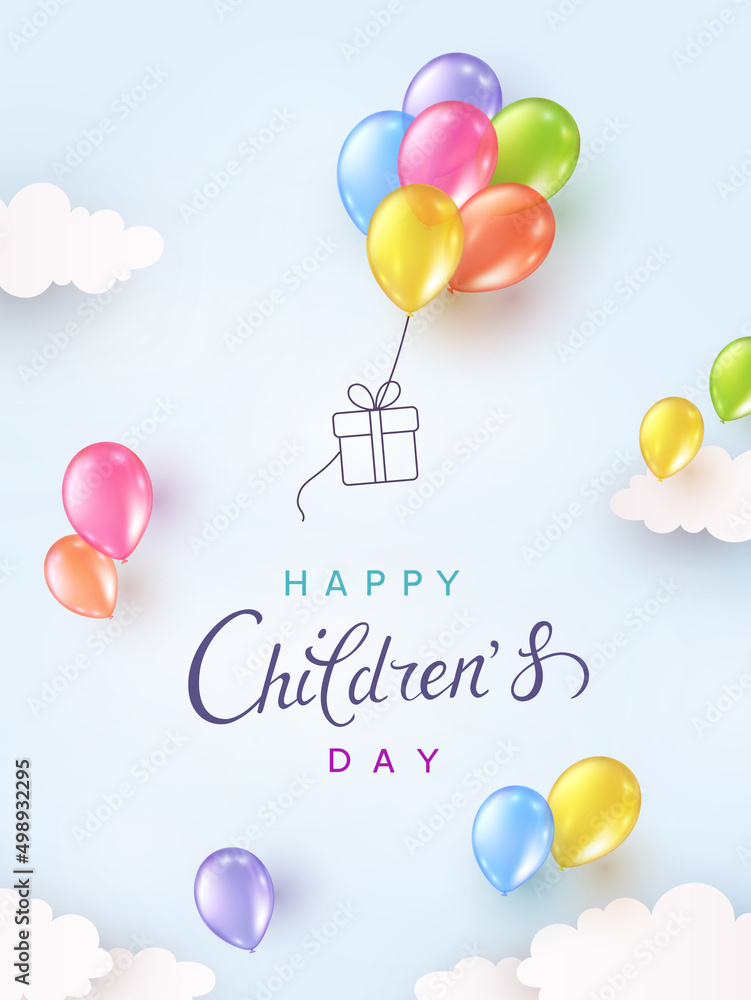 Children's Day with flying colorful 3d balloons bunch and gift box on cloudy blue sky background. Vector 3d colorful ballons special poster template.