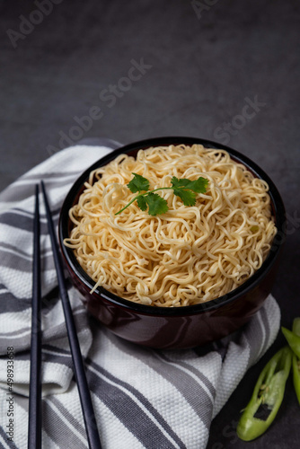 Instant noodles are ready to serve on the table. photo