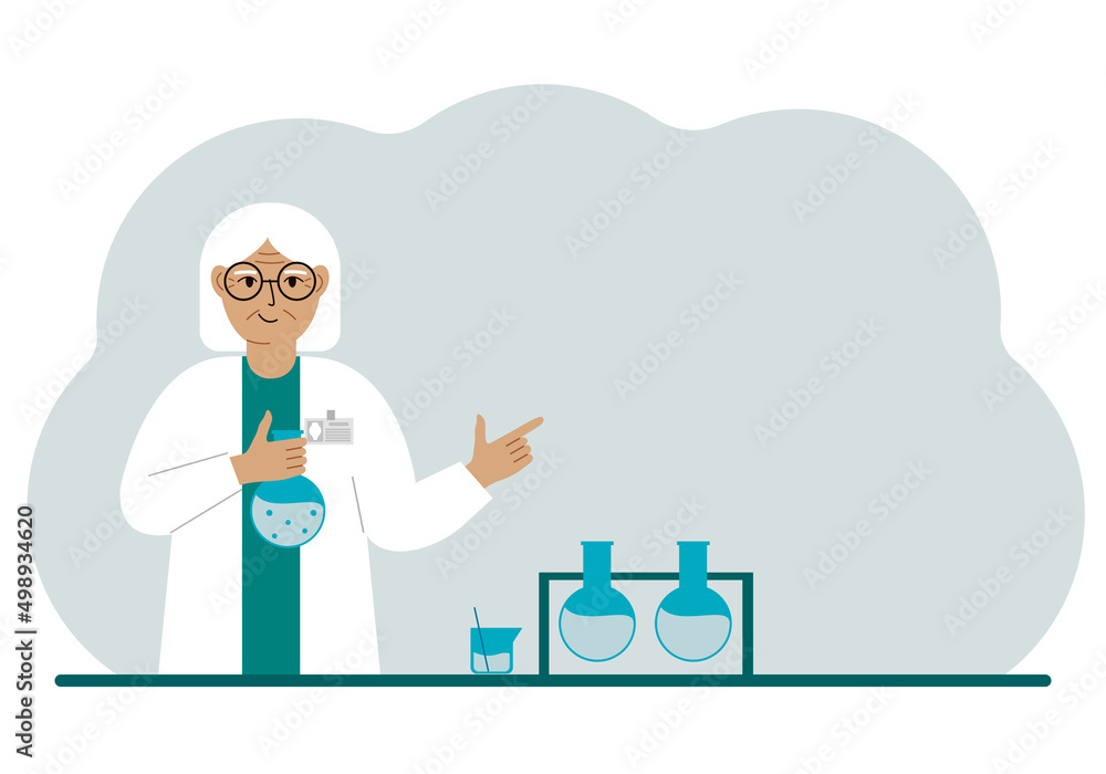Old female scientist with flasks. Experimental scientist, laboratory assistant, biochemistry, chemical, scientific research. Old female scientist with flasks. Experimental scientist, laboratory assistant, biochemistry, chemical, scientific research.