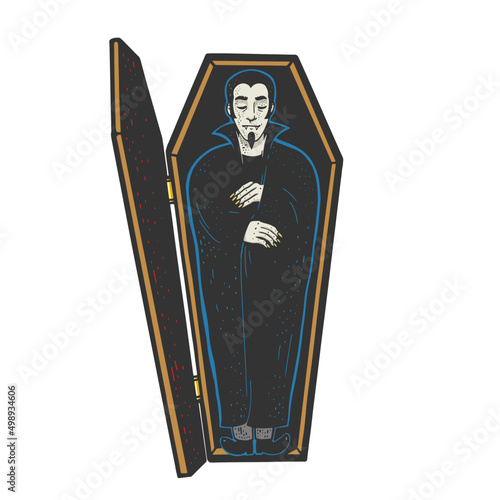 Vampire sleeping in a coffin color sketch engraving vector illustration. T-shirt apparel print design. Scratch board imitation. Black and white hand drawn image.