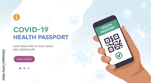 Health passport concept. hand holding a smartphone with QR code, vaccination status. Landing page banner template, vector illustration in flat style