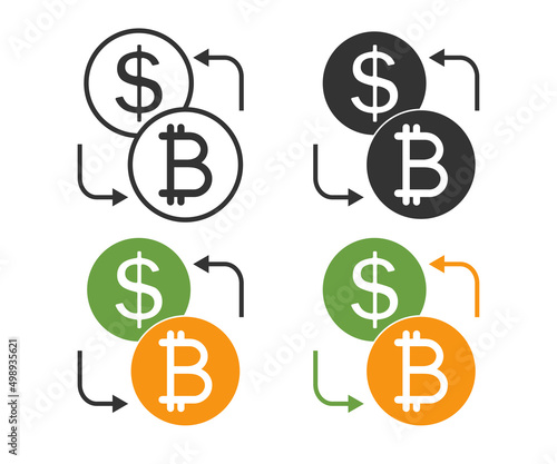 Currency exchange bitcoin and dollar icon. Convert money symbol. Sign swap coins vector.