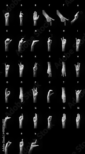 B&W image of hands demonstrating Ukrainian manual sign language letters full alphabet with text