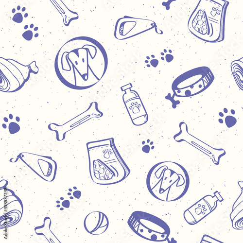 Violet seamless pattern with hand drawn dogs items. Animals pattern. Dogs background. Good for printing on textiles, wrapping paper, wallpapers.