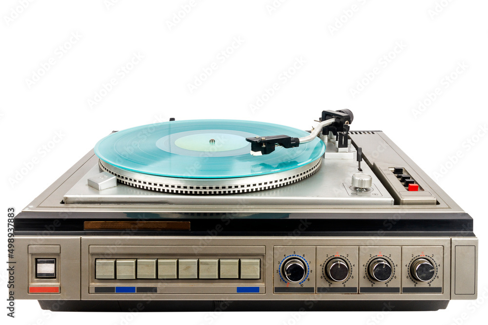 Obraz premium Vintage turntable record player with turquoise vinyl