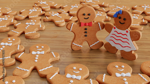3D render of of ginger coockies on wooden background, Christmas gingerbread coockies. photo