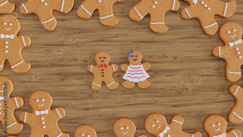 3D render of of ginger coockies on wooden background, Christmas gingerbread coockies. photo