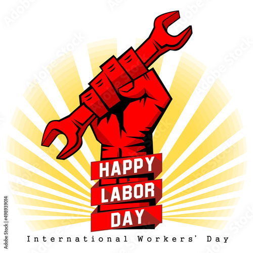 Happy labour day vector label with strong red fist with wrench. Happy labor day, workers' day, may day poster or greeting card. Illustration, vector