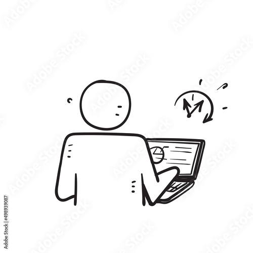 hand drawn doodle business person working on laptop with clock symbol for flexible schedule work illustration vector