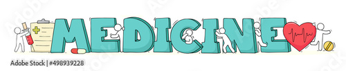 Cartoon little people with big word Medicine.