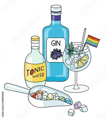 Gin and tonic cocktails, bottles, ice scoop and snacks composition in rainbow LGBT colors. For gay bar diversity pride party invitation, card or sticker. Doodle cartoon style illustration