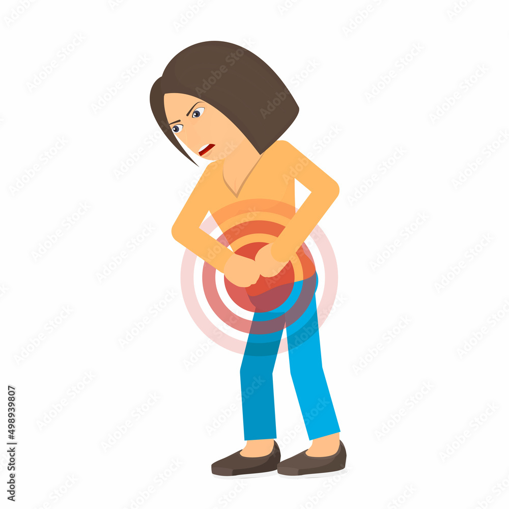 Women's pain. Woman with her period, vector illustration