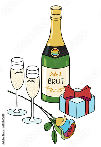 Sparkling wine bottle, flute glasses, rose and gift in rainbow LGBT colors. For gay bar diversity pride party invitation, card or sticker. Doodle cartoon style illustration.