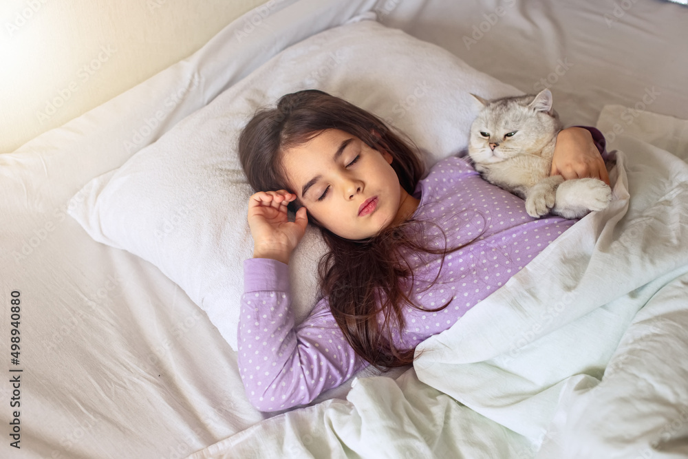 A little brunette girl in purple pajamas sleeps hugging a white charming cat lying on a white pillow on the bed. A little brunette girl in purple pajamas sleeps hugging a white charming cat lying on a white pillow on the bed.