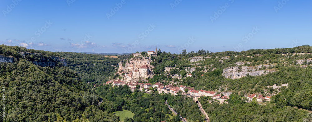 Super panoramic view Rocamadour castle, situated on clifftop in Lot town, Occitania, Southwestern France
