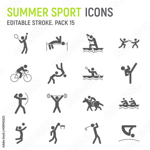 Summer sport glyph icon set, sport games collection, vector graphics, logo illustrations, summer sport vector icons, fitness signs, solid pictograms, editable stroke