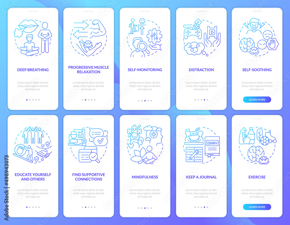 Coping with PTSD blue gradient onboarding mobile app screen set. Trauma walkthrough 5 steps graphic instructions pages with linear concepts. UI, UX, GUI template. Myriad Pro-Bold, Regular fonts used