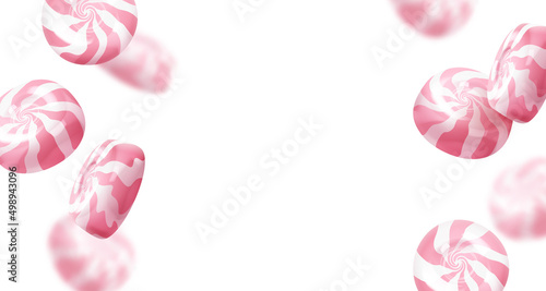 Poster with realistic falling pink glossy candies  lollipop isolated on white background. Look like 3d rendering. Vector illustration for card  party  design  flyer  poster  banner  web  advertising.