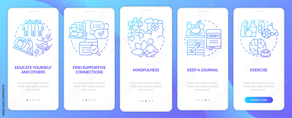 Coping with PTSD process blue gradient onboarding mobile app screen. Walkthrough 5 steps graphic instructions pages with linear concepts. UI, UX, GUI template. Myriad Pro-Bold, Regular fonts used
