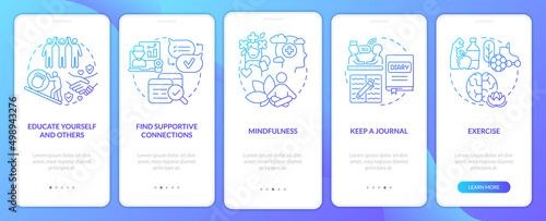 Coping with PTSD process blue gradient onboarding mobile app screen. Walkthrough 5 steps graphic instructions pages with linear concepts. UI, UX, GUI template. Myriad Pro-Bold, Regular fonts used