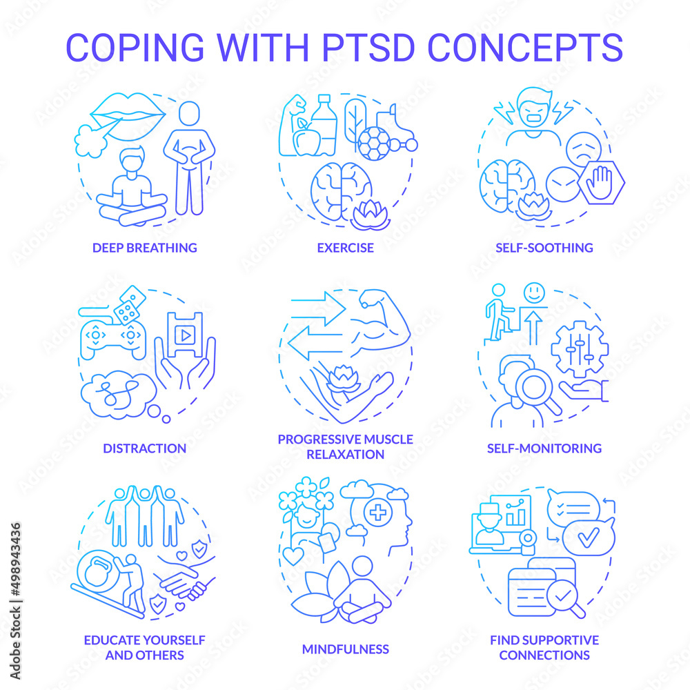 Coping with PTSD blue gradient concept icons set. Mental health. Psychotherapy service idea thin line color illustrations. Isolated symbols. Editable stroke. Roboto-Medium, Myriad Pro-Bold fonts used
