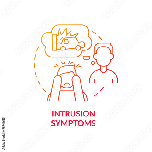 Intrusion symptoms red gradient concept icon. Hard thoughts of experience. Criteria for PTSD abstract idea thin line illustration. Isolated outline drawing. Myriad Pro-Bold font used
