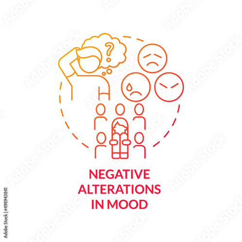 Negative alterations in mood red gradient concept icon. Dissociative amnesia. Criteria for PTSD abstract idea thin line illustration. Isolated outline drawing. Myriad Pro-Bold font used