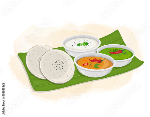 Idli Sambar with coconut and green chutney- vector illustration