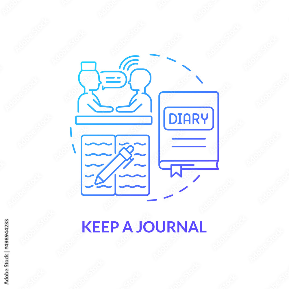 Keep journal blue gradient concept icon. Trauma overcoming way. Write your thoughts. Coping with PTSD abstract idea thin line illustration. Isolated outline drawing. Myriad Pro-Bold font used