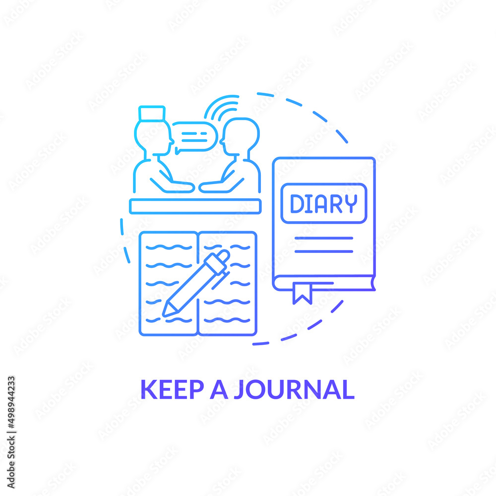 Keep journal blue gradient concept icon. Trauma overcoming way. Write your thoughts. Coping with PTSD abstract idea thin line illustration. Isolated outline drawing. Myriad Pro-Bold font used Keep journal blue gradient concept icon. Trauma overcoming way. Write your thoughts. Coping with PTSD abstract idea thin line illustration. Isolated outline drawing. Myriad Pro-Bold font used