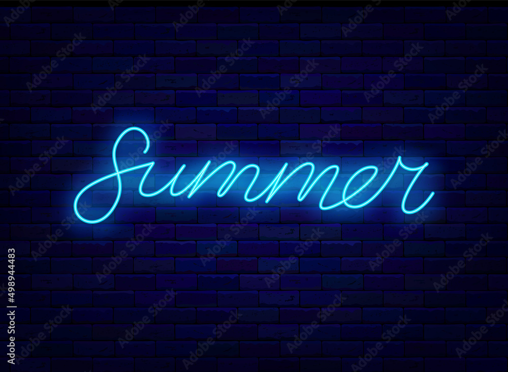 Summer neon lettering. Shiny season calligraphy. Vacation signboard