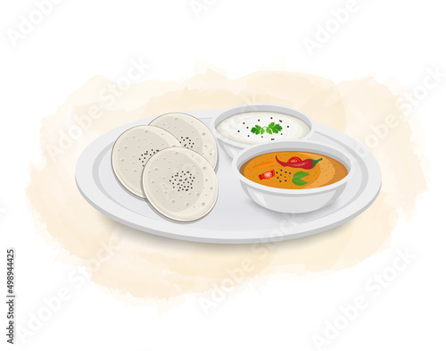 Idli Sambar - vector illustration with coconut chutney