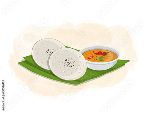 Idli Sambar south Indian food - vector illustration with banana leaf