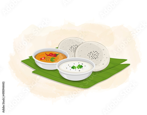South Indian Food Idli, Sambhar with Coconut Chutney vector illustration