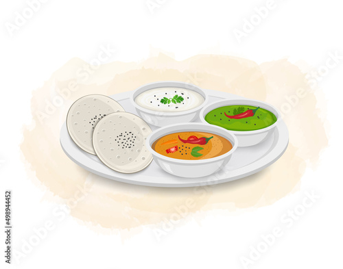 Idli Sambar south Indian food with coconut and green chutney- vector illustration