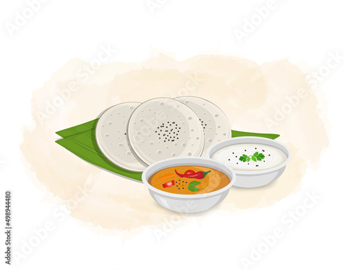Idli Sambar vector illustration with coconut chutney