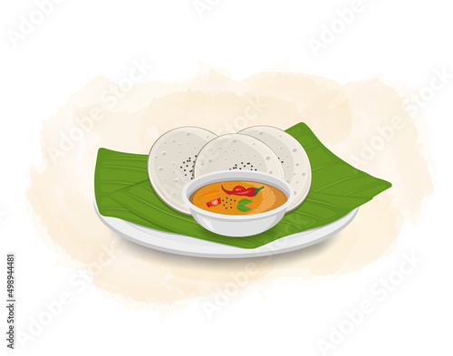 Idli with Sambar vector illustration with green leaf