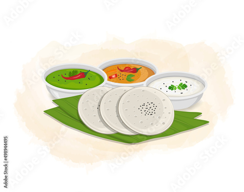 Idli Sambar with coconut, green chutney and red Sauce