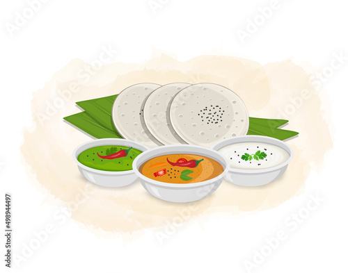 Idli Sambar South Indian food vector illustration with green and coconut chuntney