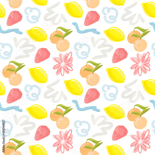 Fototapeta Naklejka Na Ścianę i Meble -  Seamless pattern, print texture for textiles with fruits and spots on a white background. Hand drawn fruits, plants, dots and lines in modern minimalist trendy style. Summer mood.