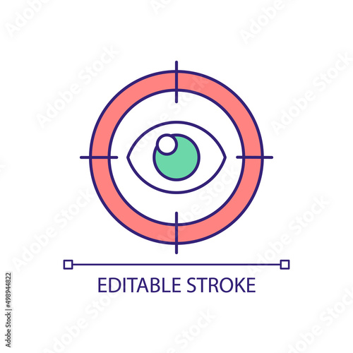 Eye contact RGB color icon. Nonverbal communication. Surveillance sign. Staring and control. Isolated vector illustration. Simple filled line drawing. Editable stroke. Arial font used